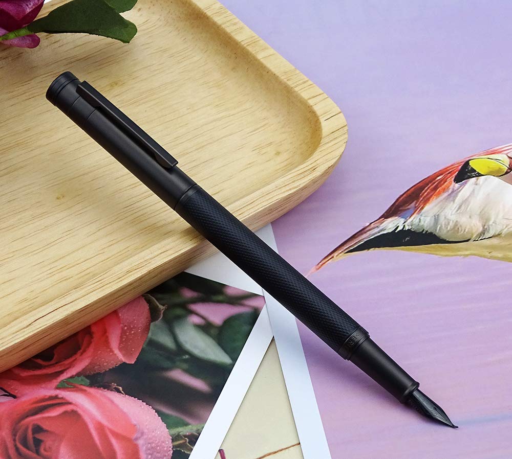 Brushed Black Forest Fude Pen, Bent Nib Calligraphy Fountain Pen (Fine to Broad) with Converter and Metal Box Set by Asvine