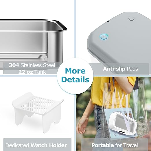 Ultrasonic Jewelry Cleaner Machine, 49kHz Mini Ultrasonic Cleaner for Glasses, Jewelry, Rings, Earrings, Eyeglasses, Retainers, Dentures, 22 oz 304 Stainless Steel Tank, 3 Cleaning Modes