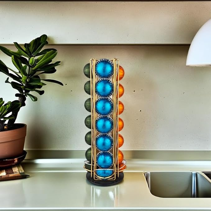Vertuo Pod Holder Carousel Stand for 28 Nespresso Vertuo Capsule Storage Organizer with Extra Space for Coffee Mate Silent Rolling,Gold