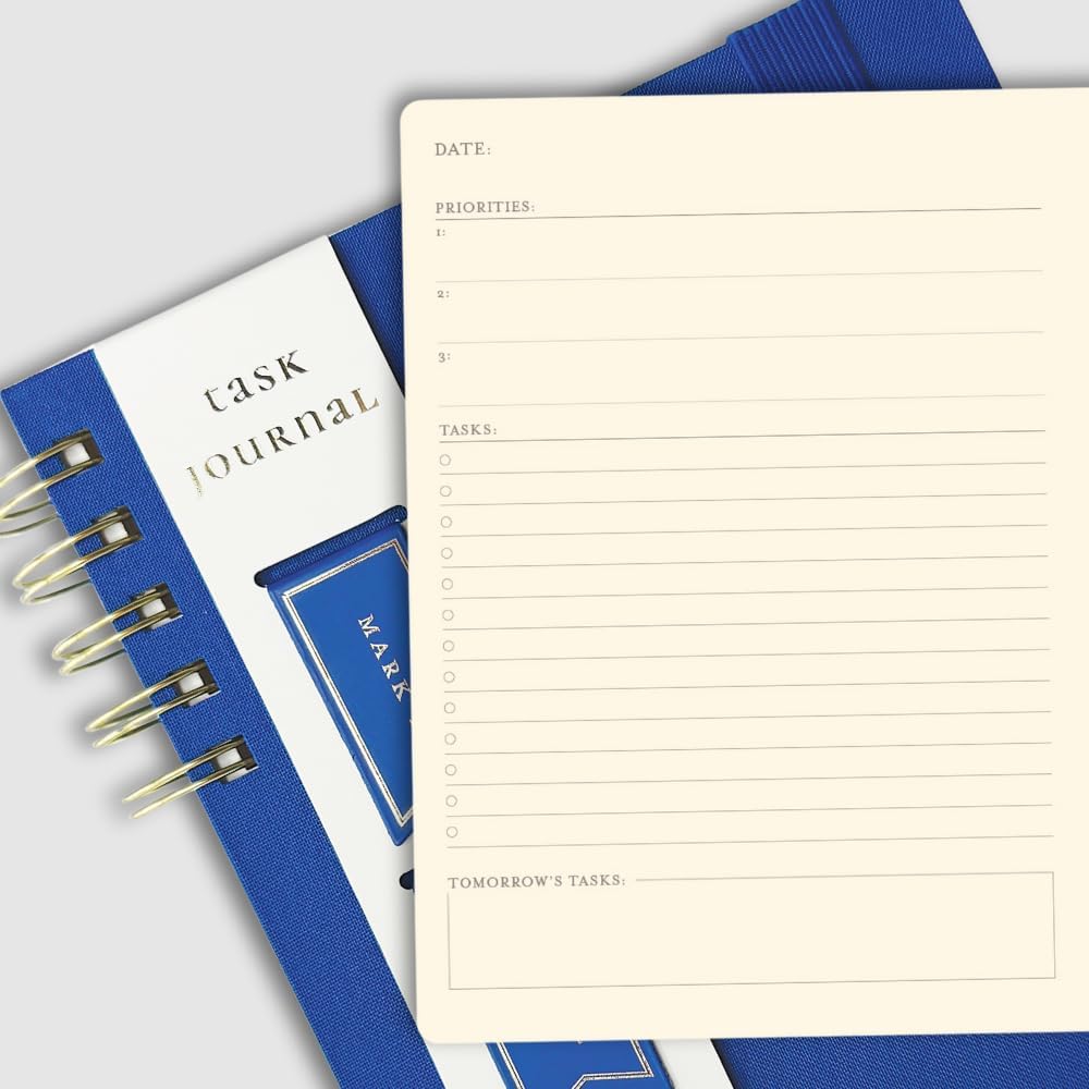 Daily Task Journal by Graphique Luxe Collection, Fabric-Wrapped Hardcover Spiral Notebook for Planning & Writing, Priority List Planner with Magnetic Bookmarks & Gold Foil Embossing,192 Pages, 6” x 8”, Taupe
