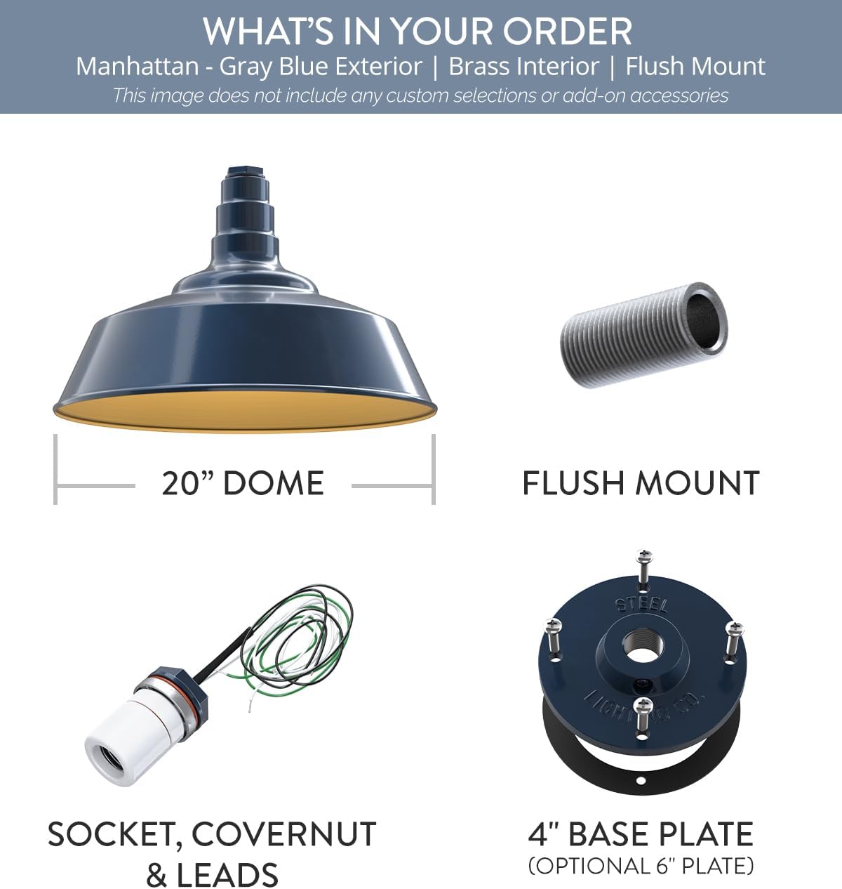Steel Lighting Co. Manhattan Warehouse Light | Ceiling Mounted Pendant | 20 inch Dome | Flush Mount | Large Steel Barn Light Made in America | Gray Blue Exterior/Brass Interior
