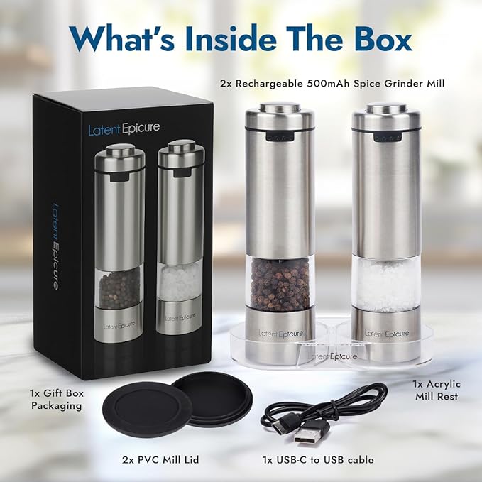 Electric Salt & Pepper Grinder Set – USB-C Rechargeable Stainless-Steel Mills & Shakers with LED Light, Adjustable Ceramic Grinders & Acrylic Rest Tray