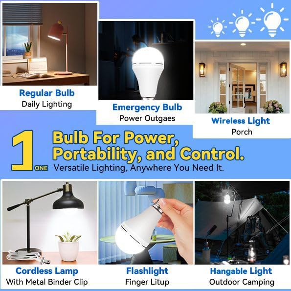 Neporal LITE PRO Battery Backup Light Bulbs, 2600mAh Rechargeable Light Bulbs, Perfect As Emergency Lights for Home Power Failure, Hurricane Prepareness Item, E26/E27