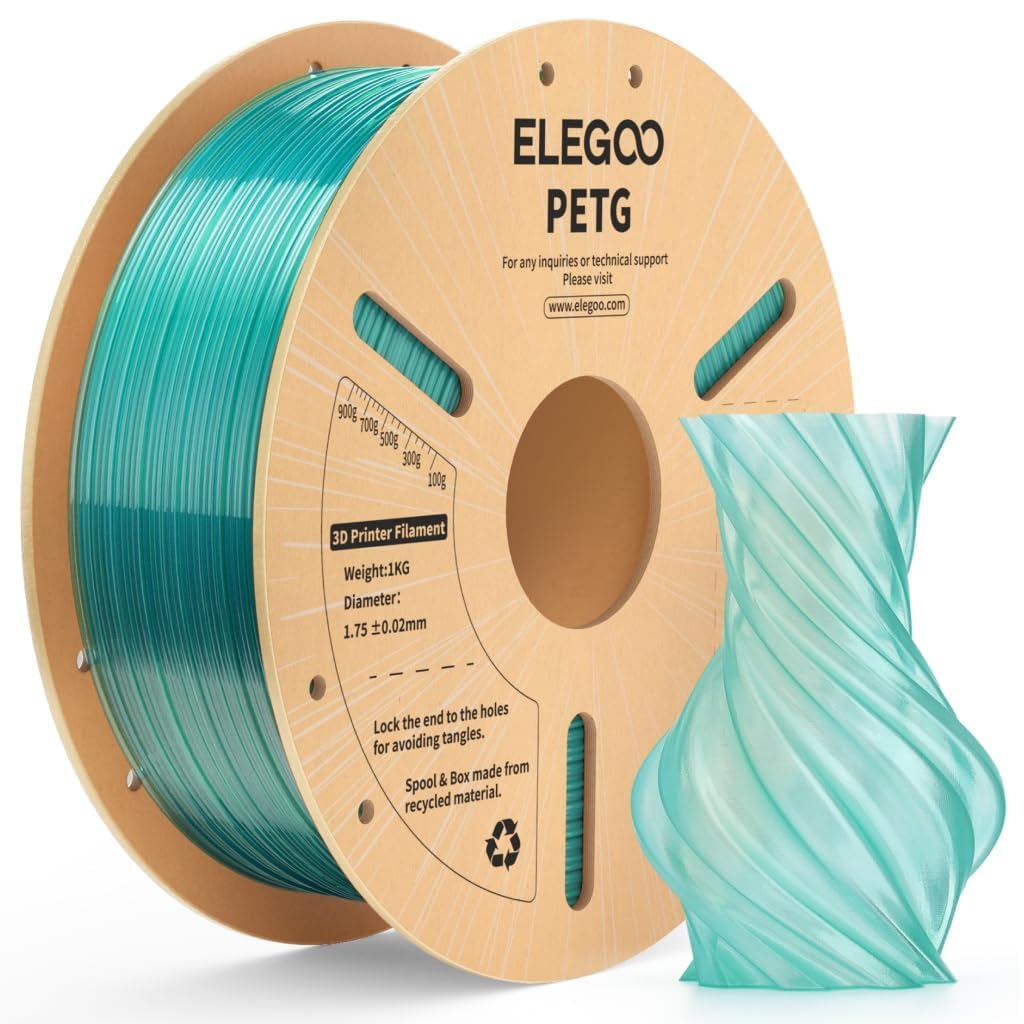 ELEGOO PETG Filament 1.75mm Transparent Green 1KG, Translucent 3D Printer Filament High Precision, Strong & Durable 1kg Spool(2.