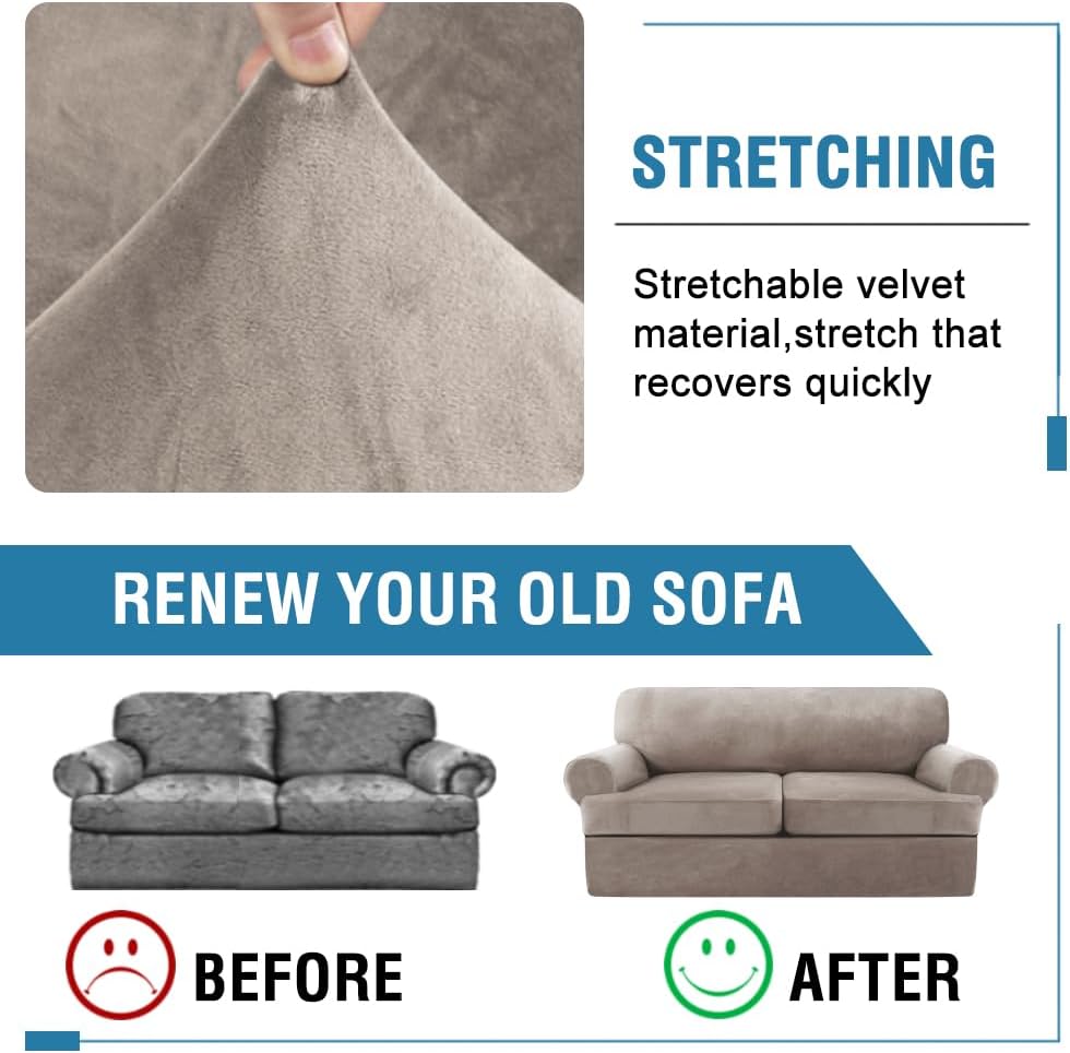 H.VERSAILTEX Sofa Cover 3 Piece T Cushion Sofa Slipcovers Thick Velvet Couch Cover Furniture Protector Stretch T Cushion Sofa Covers for 2 Cushion Couch with 2 T Cushion Covers Washable, Taupe