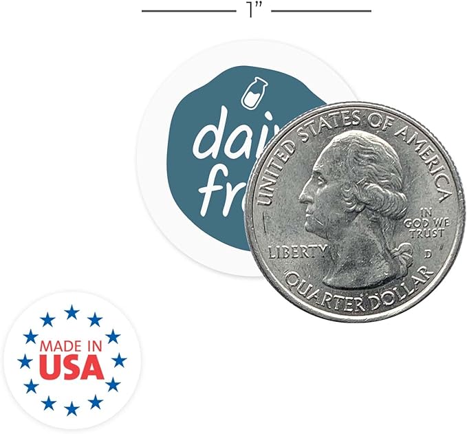 Blue Dairy Free Stickers / 500 Small 1" White Gloss Circle Labels/Chic Teal Lactose Free Food Safety Seals with Modern Aesthetic/Made in The USA