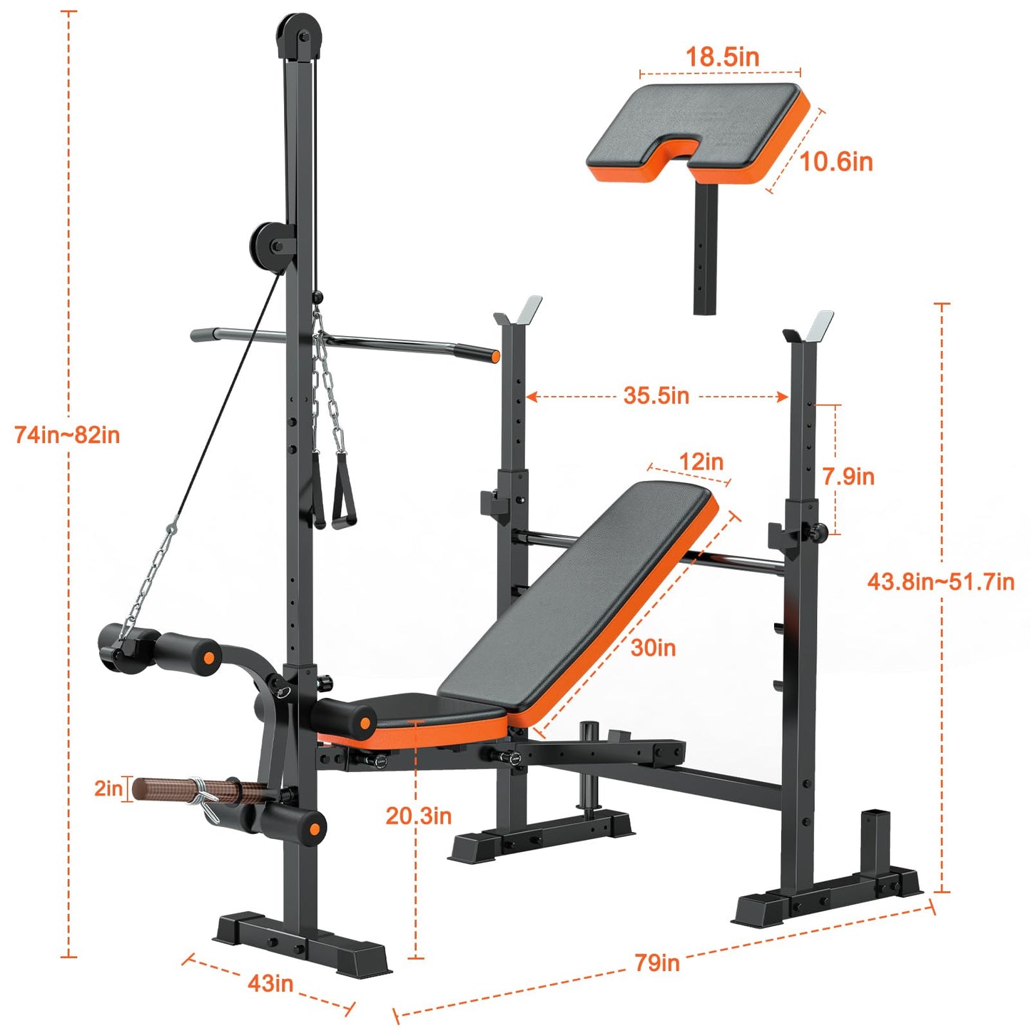 Fostoy 8-in-1 Adjustable Olympic Weight Bench with Lat Pulldown, Row, Squat Rack & Leg Curl ā MultiFunction Strength Training Bench Press for Adjustable Seat for Home Gym(8in1 Olympic Weight Bench)