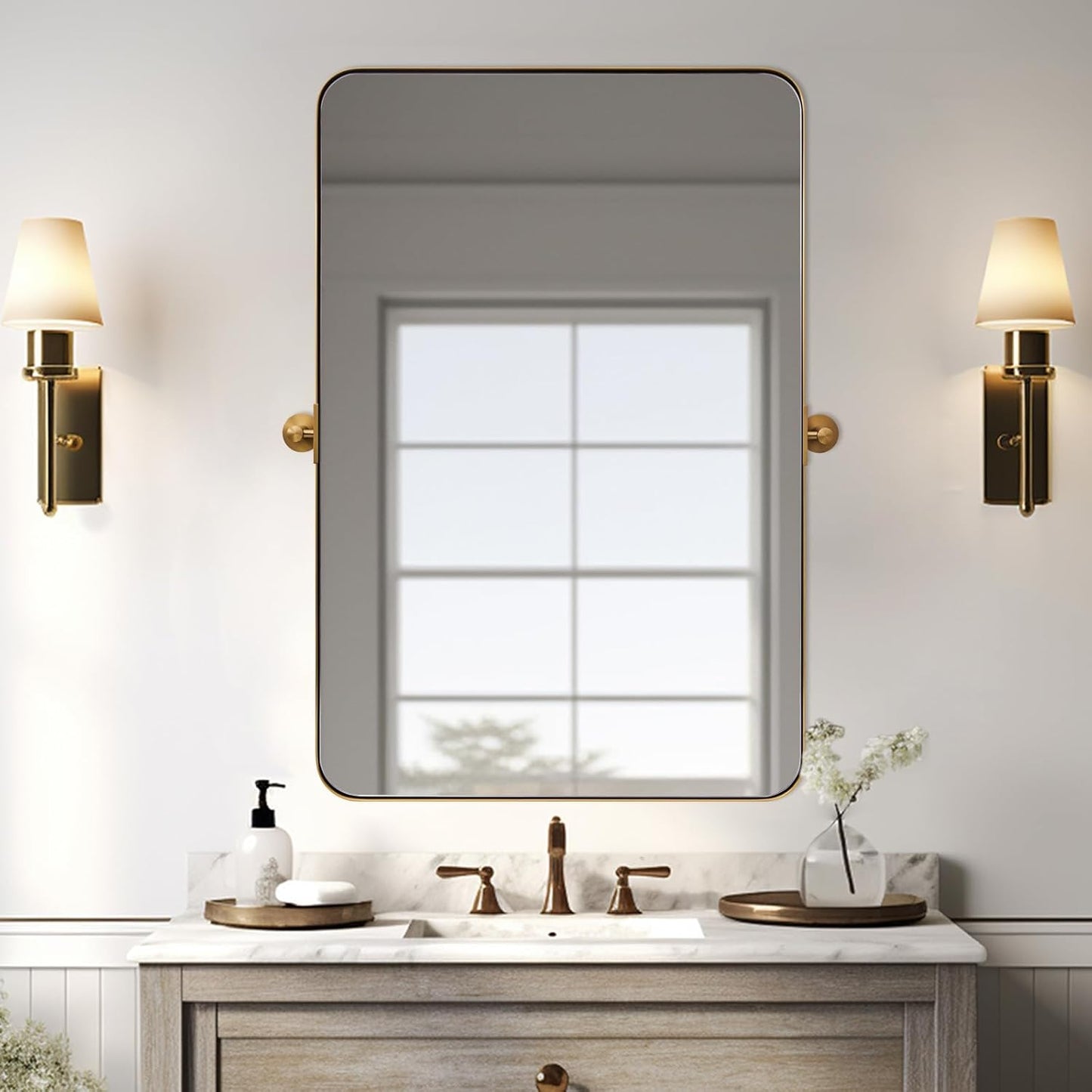 MOON MIRROR Brushed Gold Rectangle Pivot Mirror for Bathroom, Brass Pivoting Vanity,Overall 24.33 x 30 in (Mirror 20x 30 in)