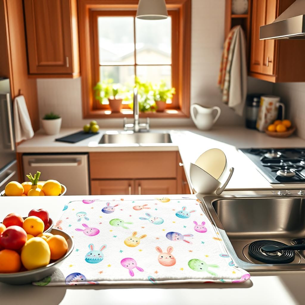 Easter Dish Drying Mat for Kitchen Counter 16''x18'' Microfiber Absorbent, Small & Compact Red Kitchen Draining Mat for Countertops Dish Drainer Mat Drying Pad Foldable Utensils, and Cookware