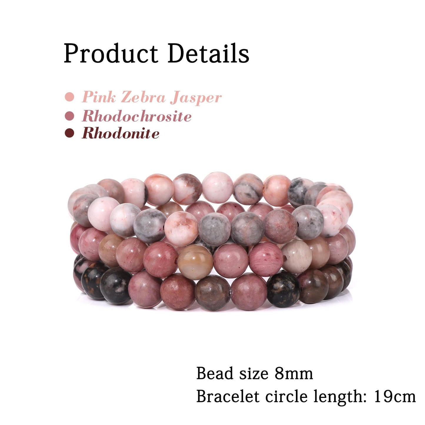 Risyfjew 3 PCS Healing Crystal Bracelets Women 8mm Natural Stone Beaded Stretch Bracelet Pink Zebra Jasper Jewelry Gifts