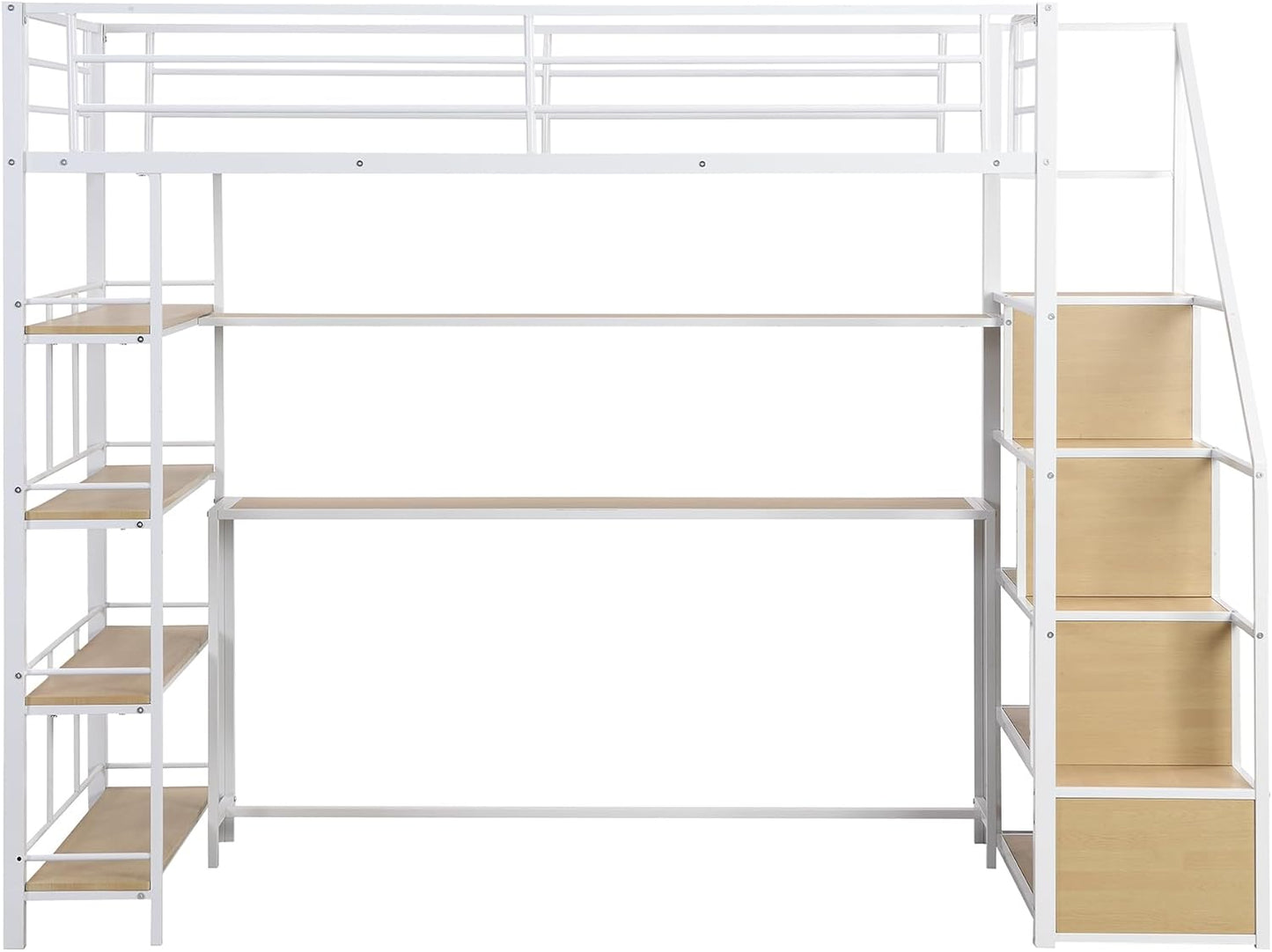 Twin Size Metal Loft Bed with Staircase,Full-Length Guardrails,a Built-in Desk and a 3-Tier Shelf,No Box Spring Needed,Noise Free,for Juniors&Adults,White