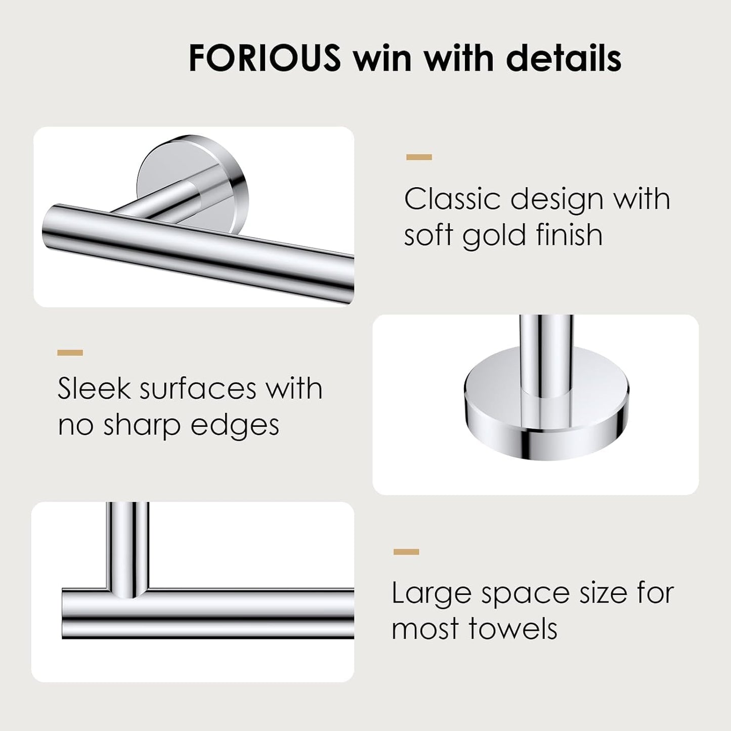 FORIOUS Towel Bar Wall Mounted, Stainless Steel Towel Racks for Bathroom, Includes Wall Mounting Hardware (Chrome, 14 Inch)