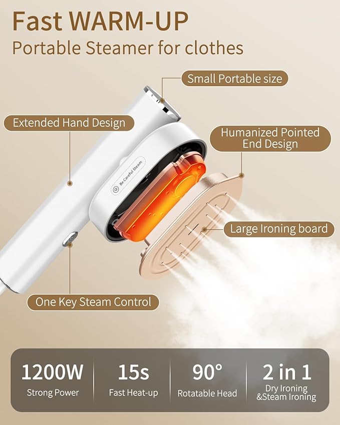 Portable Steamer For Clothes Travel Mini Steamer and Iron Fast 10s Heat-Up, Horizontal and Vertical 1200W Effortless Wrinkle Removal, Garment Steamer and Iron for Travel Office Home(110-120V)