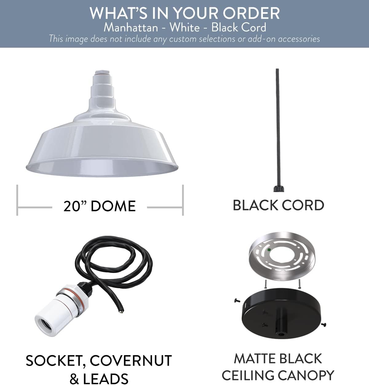 Steel Lighting Co. Manhattan Warehouse Light | Ceiling Mounted Pendant | 20 inch Dome | Black Cord | Large Steel Barn Light Made in America | White Exterior/White Interior