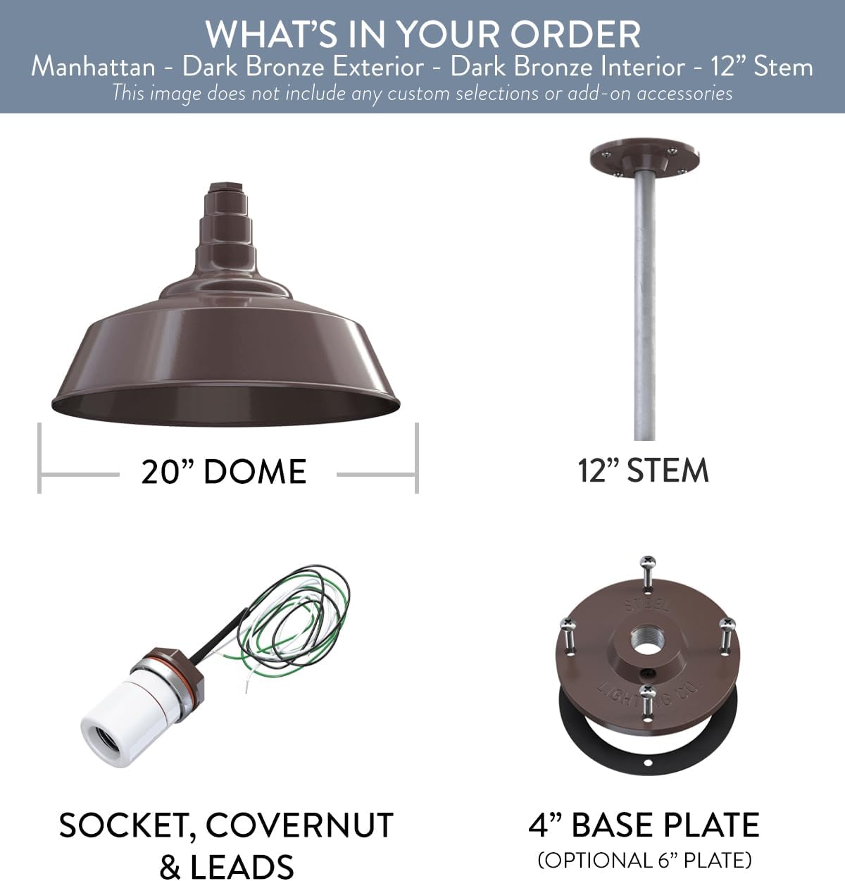 Steel Lighting Co. Manhattan Warehouse Light | Ceiling Mounted Pendant | 20 inch Dome | 12 inch Stem | Large Steel Barn Light Made in America | Dark Bronze Interior/Dark Bronze Exterior