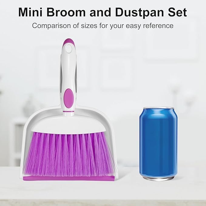 NACENA Small Dust Pan and Brush Set, Mini Broom and Dustpan Set Small Hand Broom and Brush Combo Dust Pan with Teeth for Home Cleaning Drawers Desktop Sofas Pet Care and Outdoor, Purple