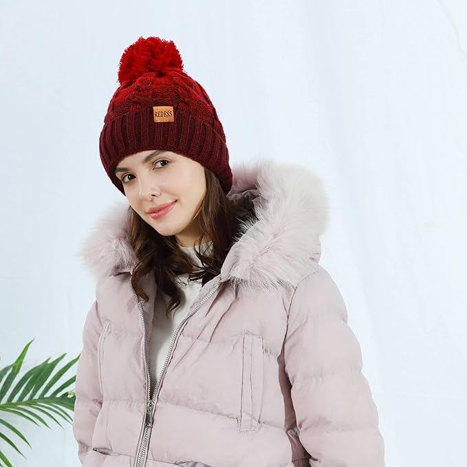 REDESS Women Winter Pompom Beanie Hat with Warm Fleece Lined, Thick Slouchy Snow Knit Skull Ski Cap