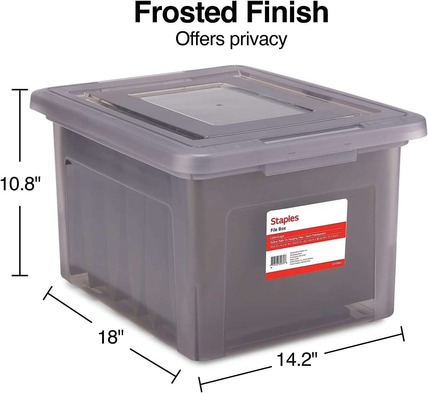 STAPLES Hanging File Folder Box, Storage Bin Organizer, Snap Lid, Letter & Legal Size Documents, Frost Gray