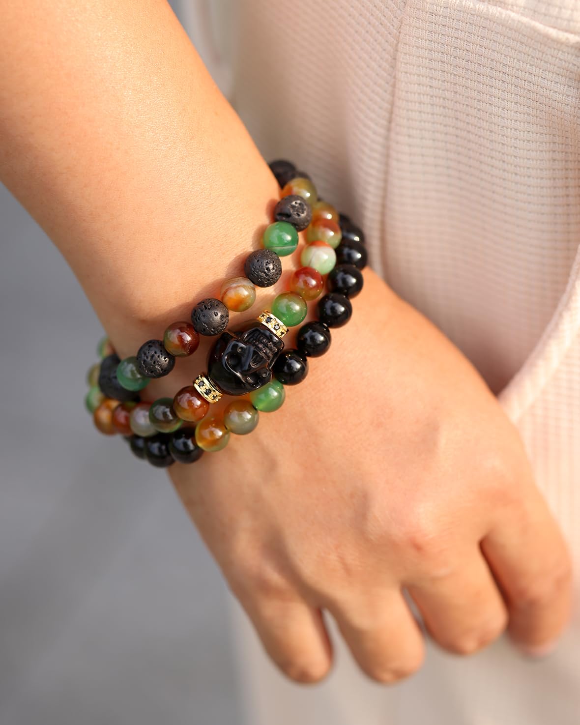 Xfoxstal Wrap Agate Stretch Beaded Bracelets Protection Obsidian Small Skull Lava Stone Bracelet for Women Essential Oil Diffusers Jewelry Meditation Gifts 8mm