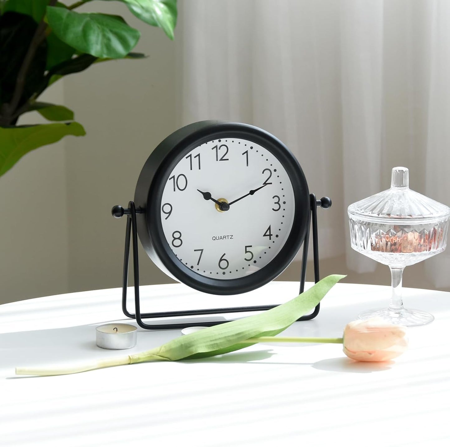 Vintage Black Table Clock on Stand, Decorative Desk and Shelf Clock Decorative Battery Operated Table Top Decor for Living Room,Silent Non-Ticking