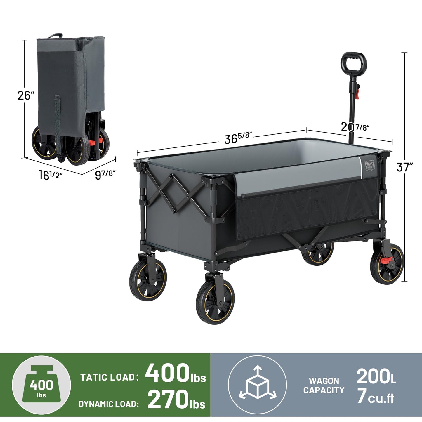 Timber Ridge Collapsible Wagon Cart with Brakes, 400lbs Heavy Duty Large Capacity Compact Portable Folding Wagon, Utility Grocery Cart for Camping, Gardening, Shopping-Grey