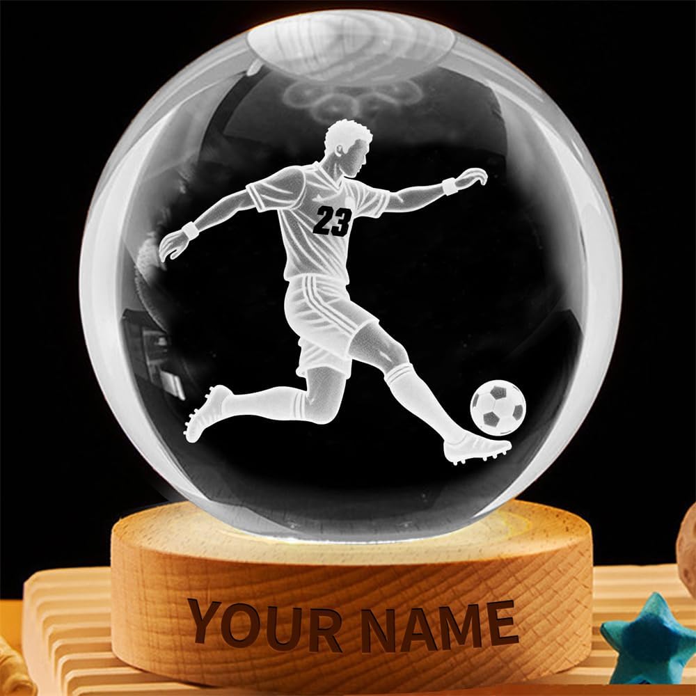 Personalized Soccer Crystal Night Light Gift for Men Women, Custom Name/Number Soccer Player 3D Crystal Ball Night Light Lamp for Bedroom Room Sports Decor Party Bar Christmas Birthday Gift
