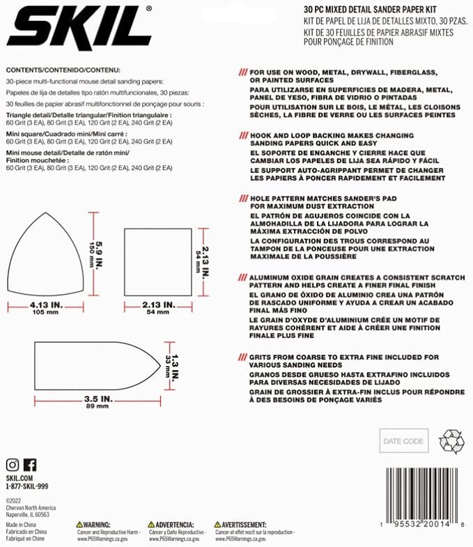 SKIL 30-Piece Mixed 60/80/120/240 Grits Detailed Sand Paper Kit for SKIL Sanders SR232301 & SR6607B-10 - CDA9005