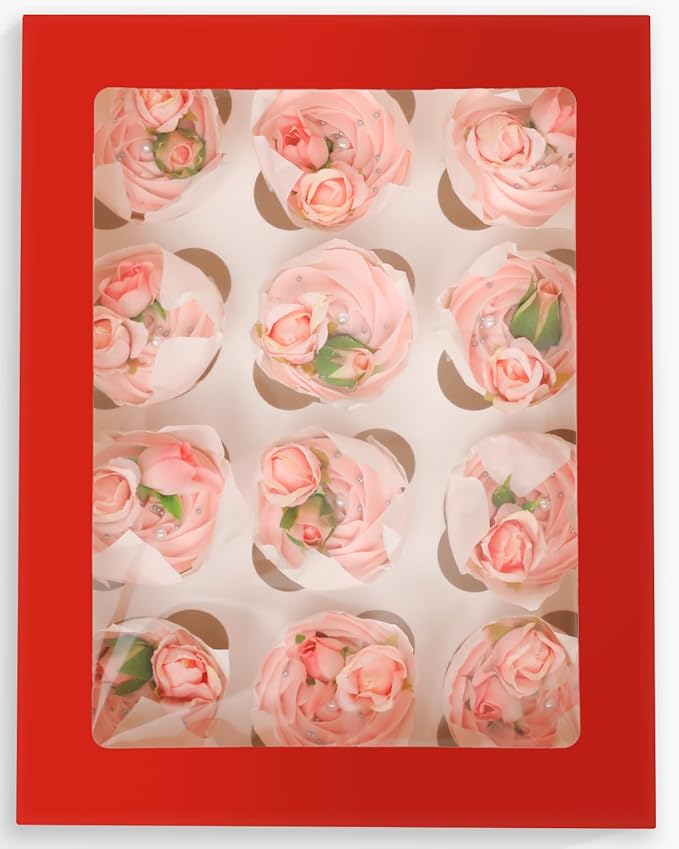 Bakepacker 12 Cupcake Containers 10-Packs Red Cupcake Box Cupcakes Carrier, 12 Cupcake Boxes with Window 13"x10"x3.5"(Auto-pop up)