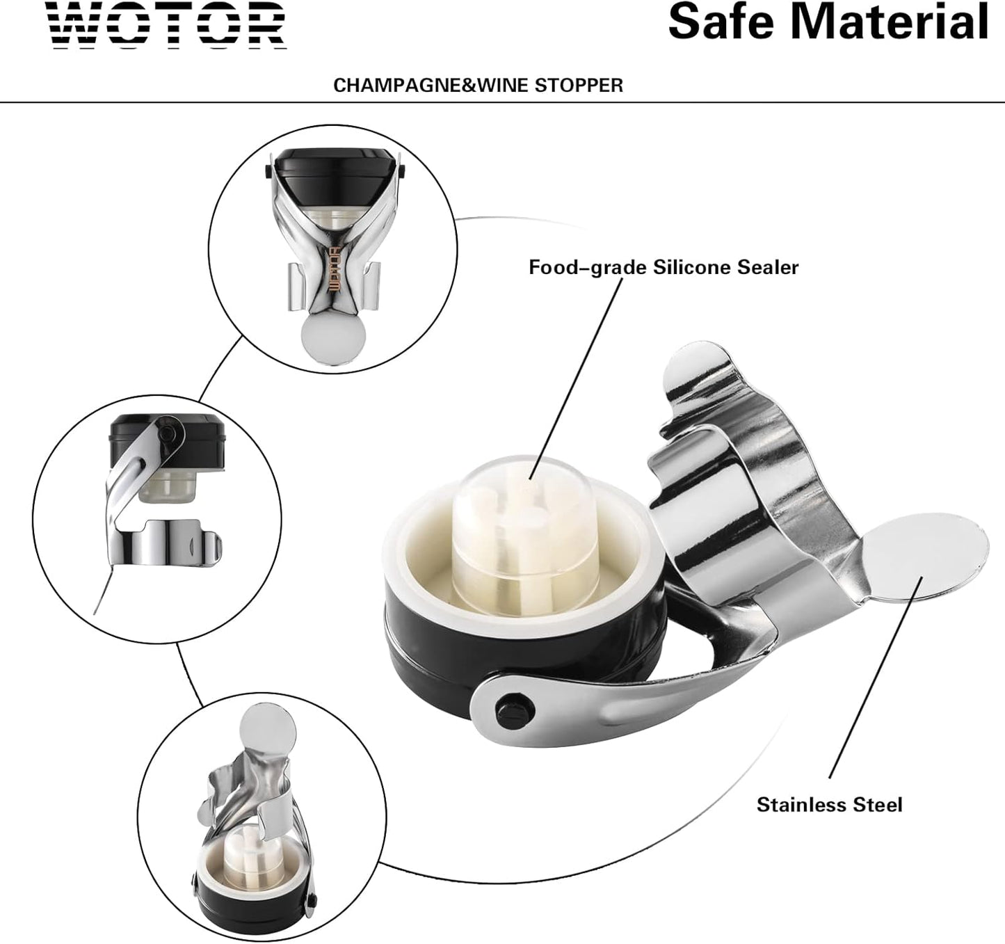 WOTOR Champagne&Wine Bottle Stoppers Stainless Steel with Food Grade Silicone, Leak Proof Keep Fresh Reusable Saver, Cork Suitable for Wine, Champagne, Cava, Prosecco and Sparkling (8 Pack Silver)