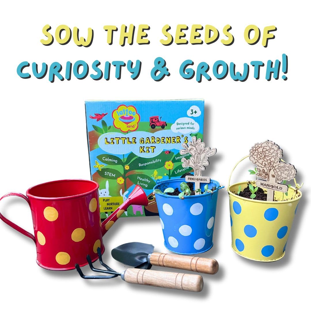 Lattooland Little Gardener's Kit | Complete Gardening Kit for Children 3-8 Year Old| Gardening Tools, Metal planters, Metal Watering can, Soil, Seeds, | Flower Grow Set | Birthday Gift Multicolor