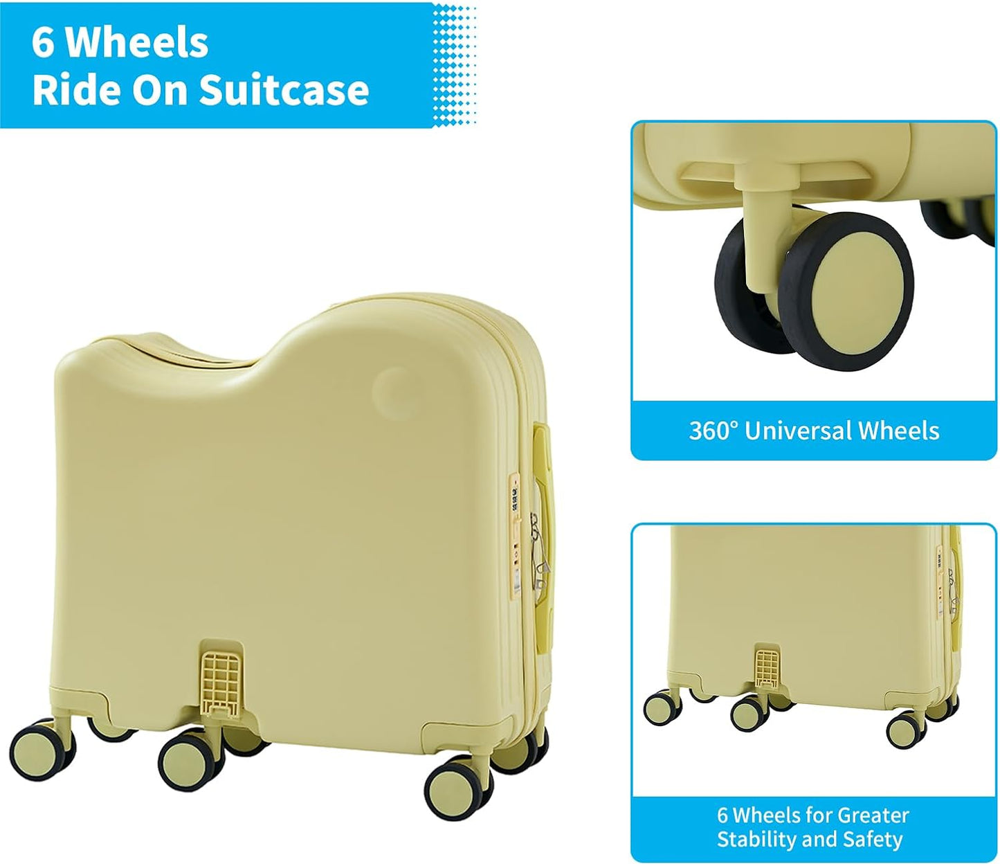 TABU Ride-on Luggage with Handbag for Kids,Hardshell Carry On Suitcase with Hidden Cup Holder, Foldable Pedal,Type-C & USB Interface, TSA Lock, 6-Spinner Wheels, Yellow