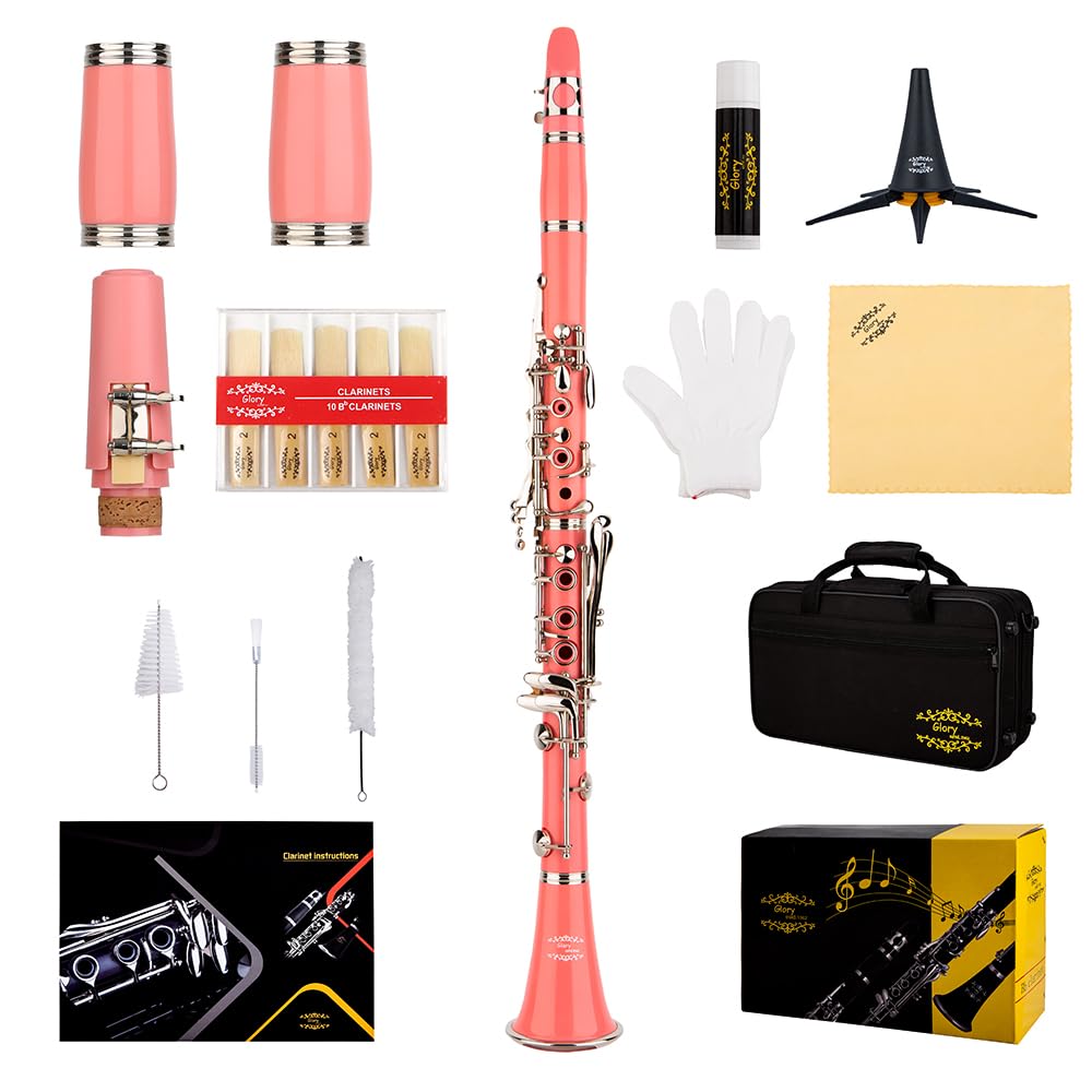 Glory GLY-CLAPK Professional Ebonite Bb Clarinet with 10 Reeds, Stand, Hard Case, Cleaning Cloth, Mouthpiece Brush and Pad Brush