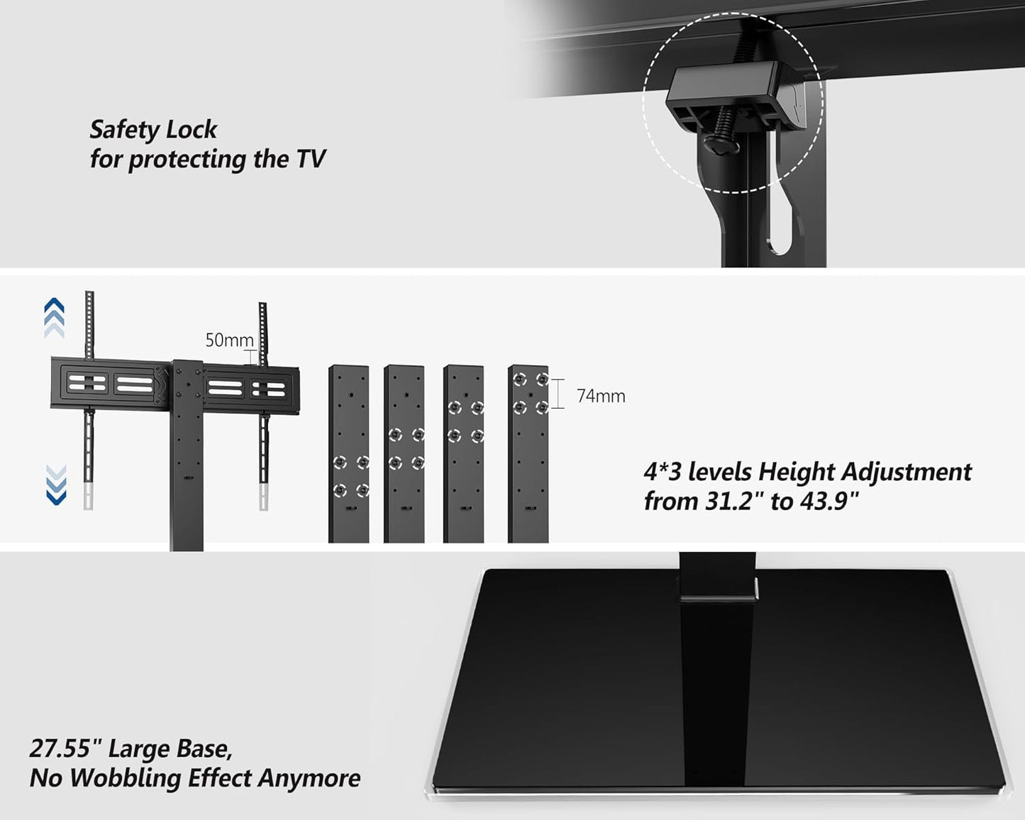 FITUEYES Universal TV Stand with Swivel Mount for 50-85 inch Flat Screens - Height Adjustable Tempered Glass Base Holds up to 143 lbs