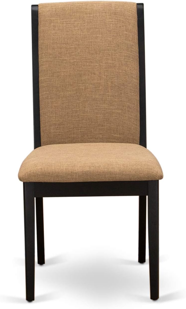 East West Furniture ESLA3-BCH-47 3 Piece Modern Dining Table Set Contains a Round Wooden Table with Pedestal and 2 Light Sable Linen Fabric Upholstered Chairs, 30x30 Inch, Black & Cherry
