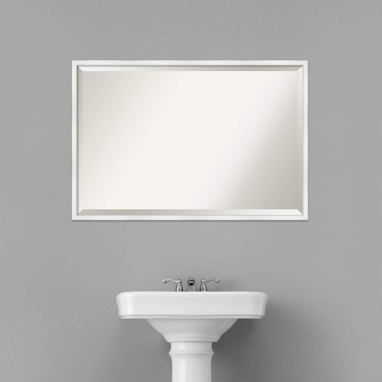 Amanti Art White Bathroom Mirror for Over Sink, 25x37 Breeze Distressed White Rectangle Vanity Mirror, Large Country Rustic Wood Frame, Hangs Horizonally and Vertically, Bathroom Wall Decor, Beveled