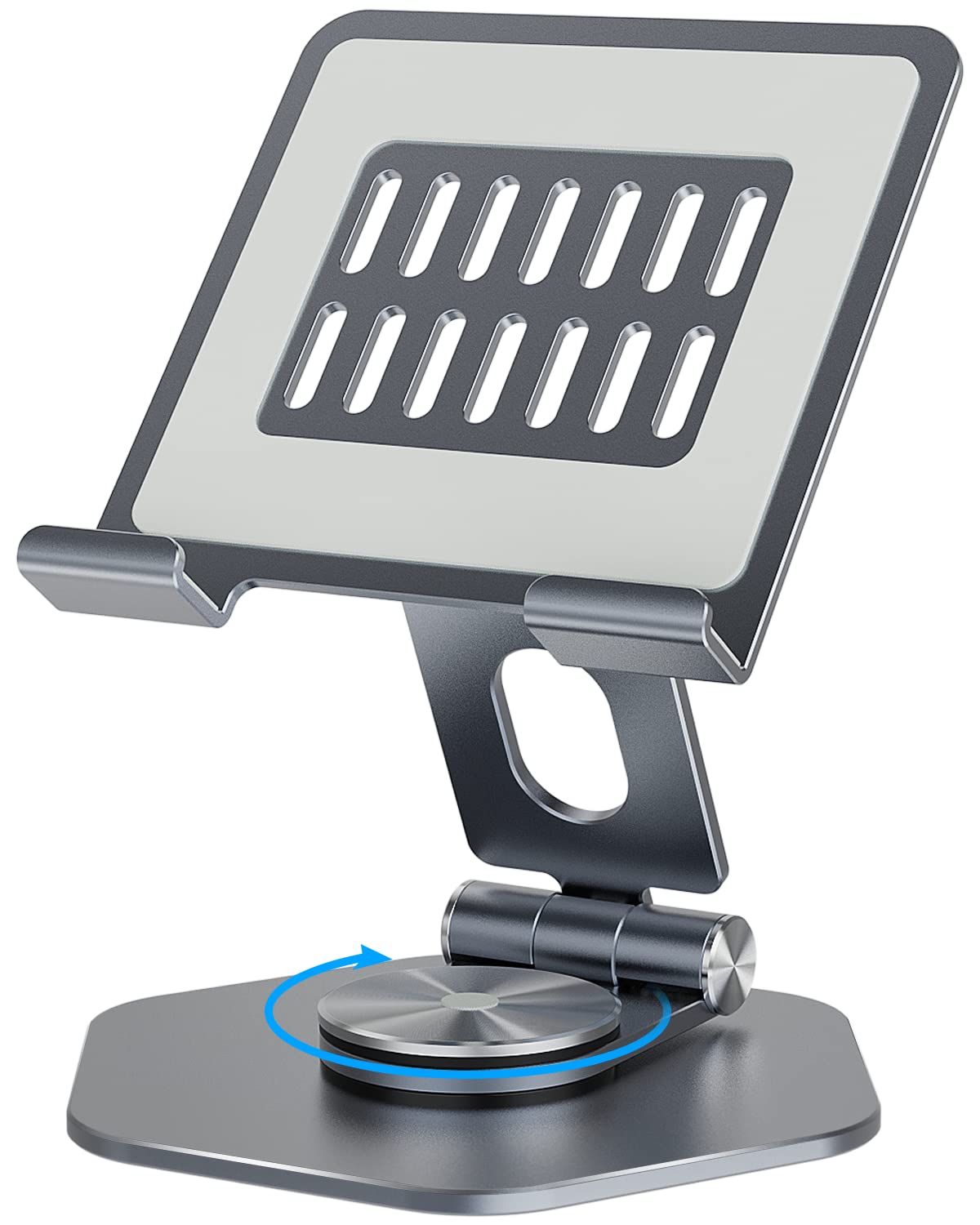 SOJUNER Foldable Aluminum Tablet Stand for Desk, 360° Swivel iPad & Tablet Holder – Portable & Stable Desktop Mount for 5–12.9in Devices, Grey -Like New
