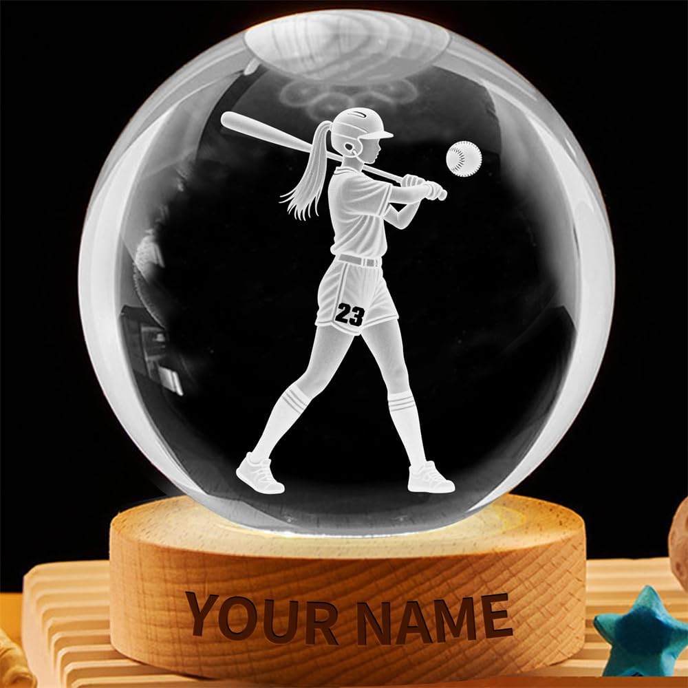 Personalized Softball Crystal Night Light Gift for Women, Custom Name/Number Softball Player 3D Crystal Ball Night Light Lamp for Bedroom Room Sports Decor Party Bar Christmas Birthday Gift