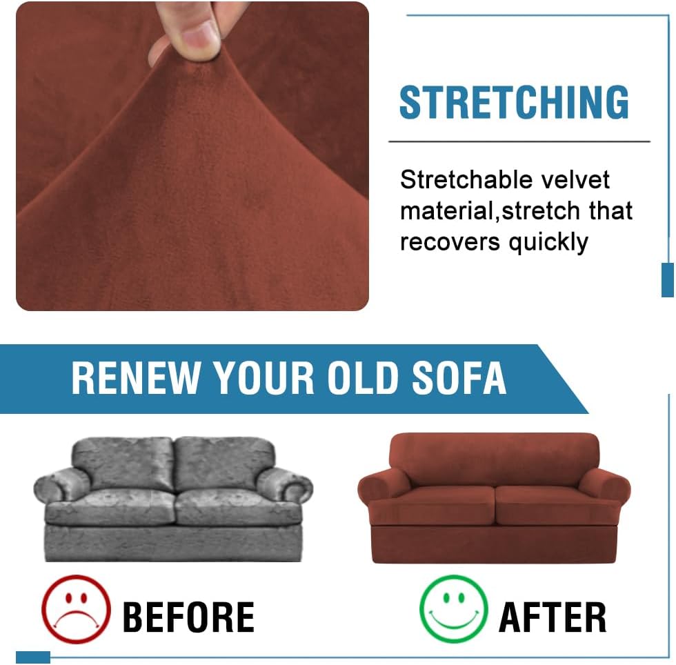 H.VERSAILTEX Sofa Cover 3 Piece T Cushion Loveseat Slipcovers Thick Velvet Couch Cover Stretch T Cushion Sofa Covers for 2 Cushion Couch with 2 Individual T Cushion Covers Washable, Rust