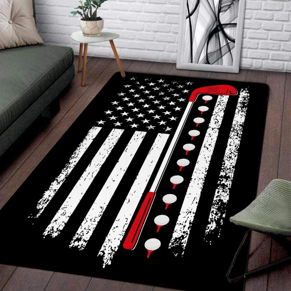 Custom Golf Area Rug, Golf Rugs for Living Room, Non Slip Area Mat Rugs for Office Living Room Indoor, Golf Carpet Floor Mat Indoor for Boys Golf Home Decor (Golf Black Background)