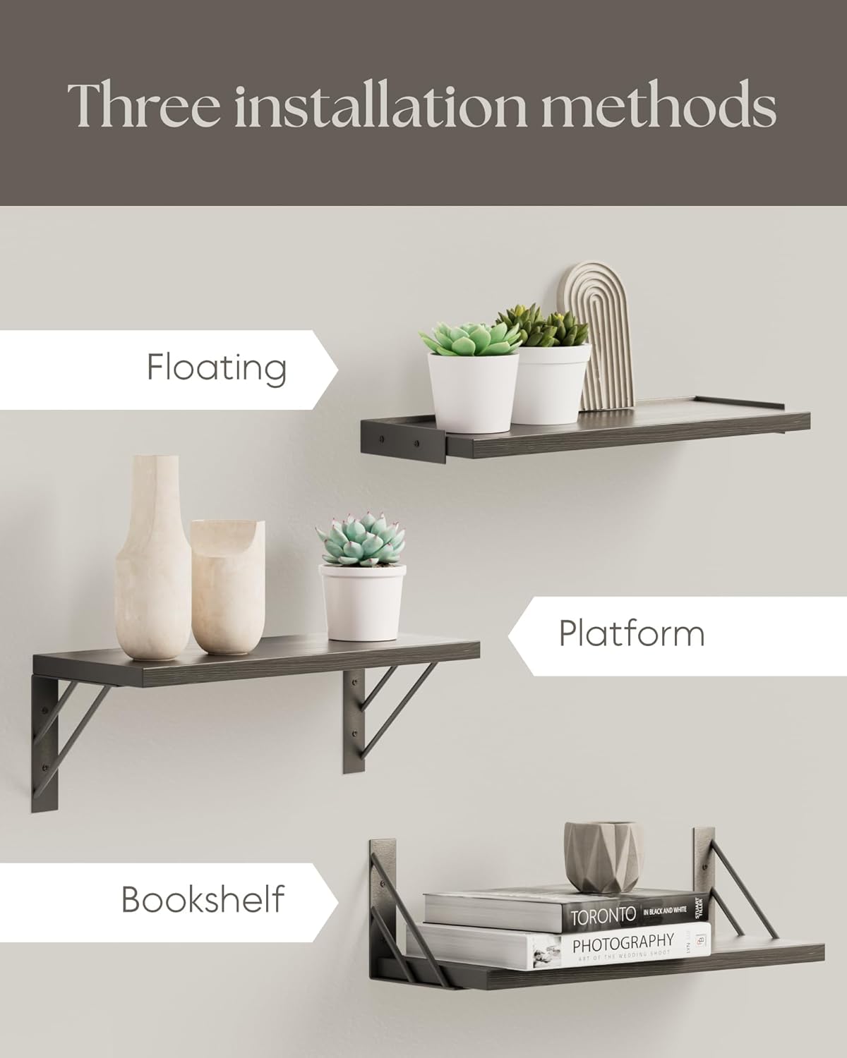 BAYKA Wall Shelves for Bedroom Decor, Floating Wall Shelves for Living Room Kitchen Storage, Wall Mounted Rustic Wood Shelves for Kids Books, Corner Shelf for Bathroom(White and Gold,Set of 4)