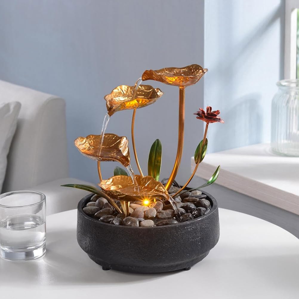 MSEONWXI Tabletop Fountain Metal Lotus Circulating Fountain Water Feature for Zen Home Decor Warm Yellow Scene Light(23034)