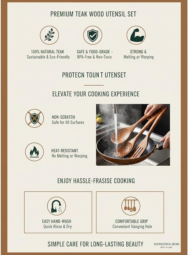 100% Natural Teak Wood Wooden Utensil Set – 10 Pcs Durable Kitchen Spoons for Cooking – Non-Stick & Heat Resistant, Eco-Friendly & Comfortable Grip