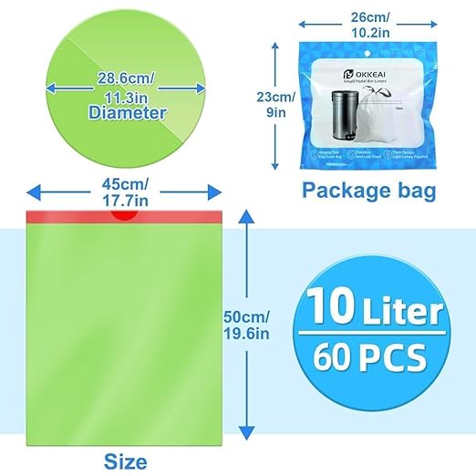 OKKEAI 2.6 Gallon Small Trash Bag, 60 Count Drawstring Green Heavy Duty Trash Bags, Tear-Resistant & Leakproof, Mini Wastebasket Liners for Bathroom, Office, Dorms