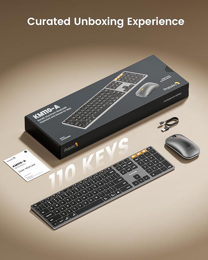 ProtoArc Backlit Bluetooth Keyboard Mouse for Mac, KM110-A Wireless Aluminum Keyboard and Mouse for Mac, Full Size, Multi-Device, Rechargeable, for MacBook Pro/Air, iPad, iMac - Space Gray