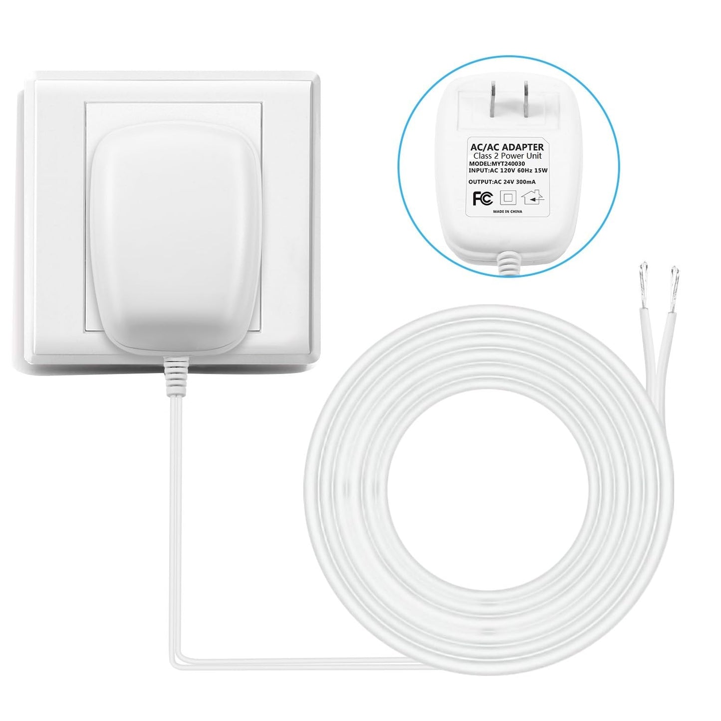 24 Volt Power Adapter/Transformer,C-Wire Adapter Thermostat,Compatible with All Versions of Ring Doorbell and Thermostat for Ecobee,Sensi and Honeywell(25Ft Cable) -Like New