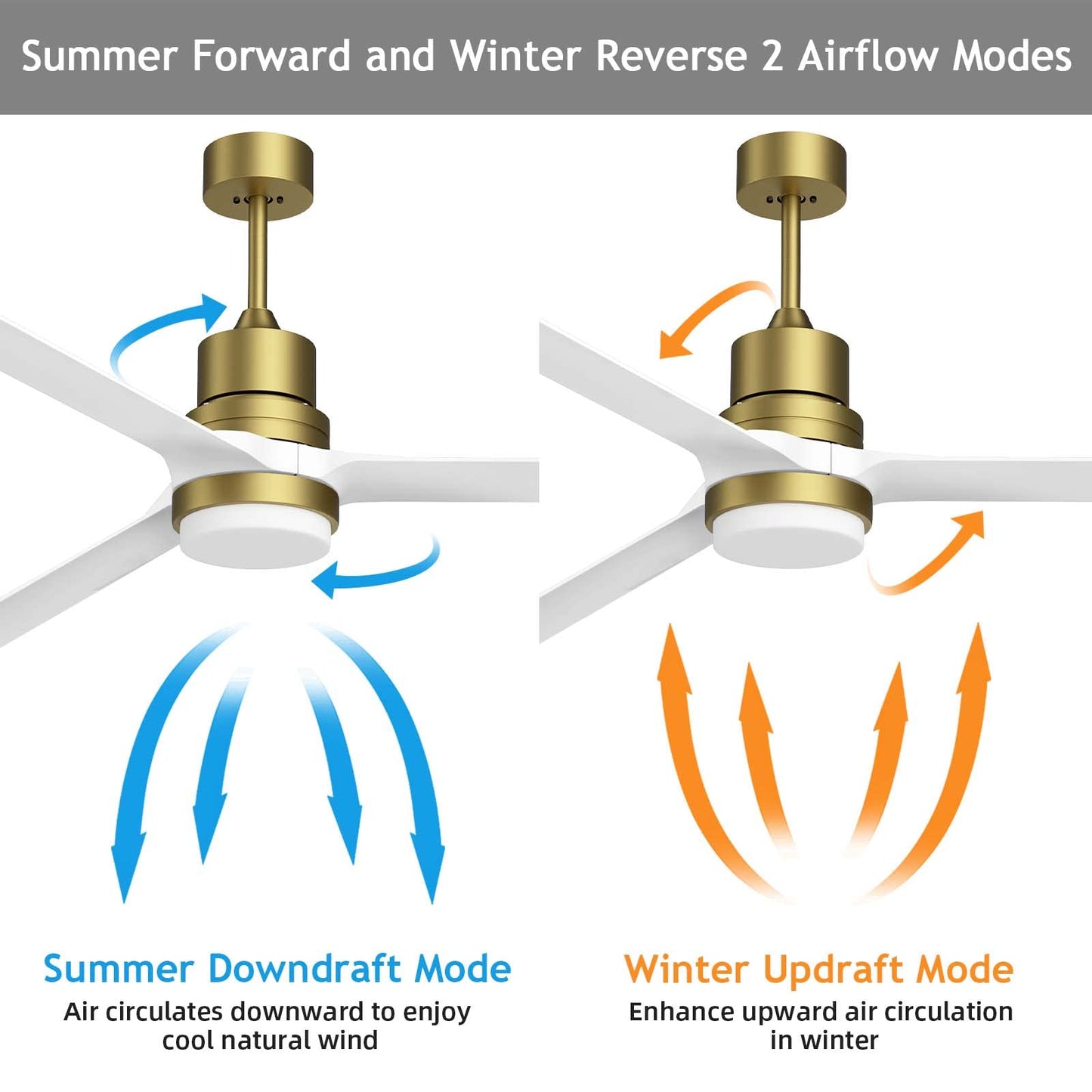 Biukis Ceiling Fans With Lights 60-In White Ceiling Fan With Dimmable Led Light Kit Remote Control Modern Blades Reversible Dc M