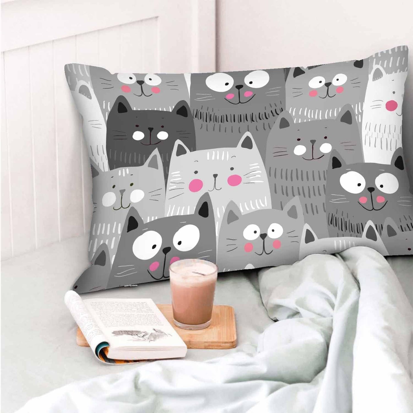 Mugod Throw Pillow Case White Grey Cute Cartoon Cats,Waist Lumbar Cushion Cover Sofa Home Decorative Rectangle Oblong 20x30 Inches