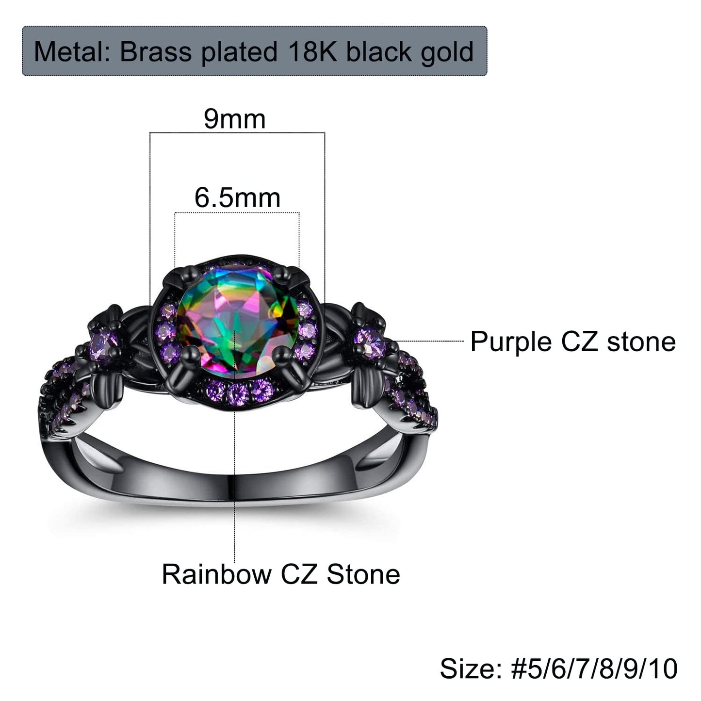 Women Eternity Rings18K Black Gold Plated Rainbow CZ Created Amethyst Gemstone Wedding Engagement Band for Bride Dainty Jewelry Gifts (8)