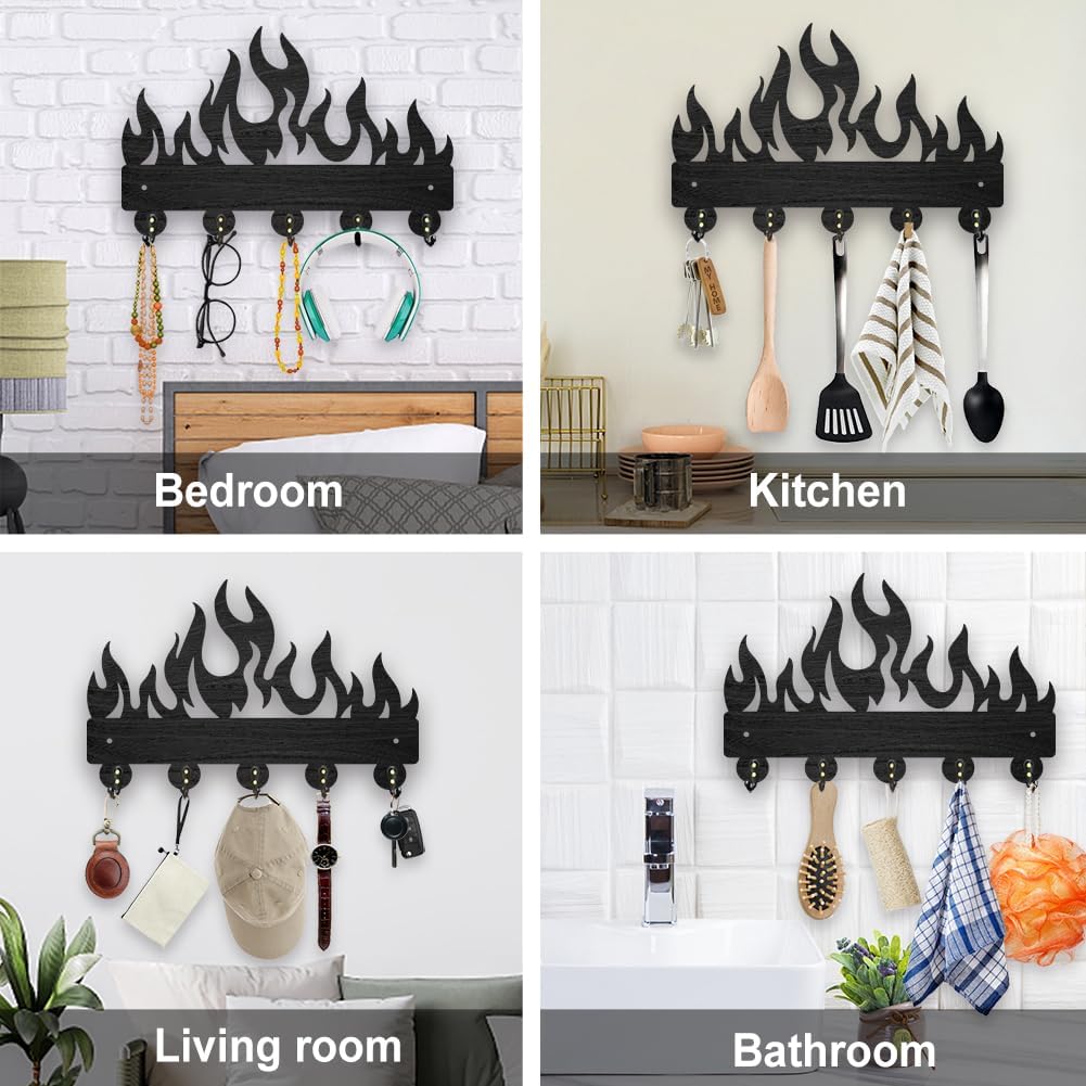 MAYJOYDIY Wooden Flame Key Holder Wall Mount 11.8 x 7.8 inches Fire Key Hanger Wall Art Decor Burning Flame Key Organizer Rack with 5 Alloy Hooks for Entryway Bedroom Living Room Office
