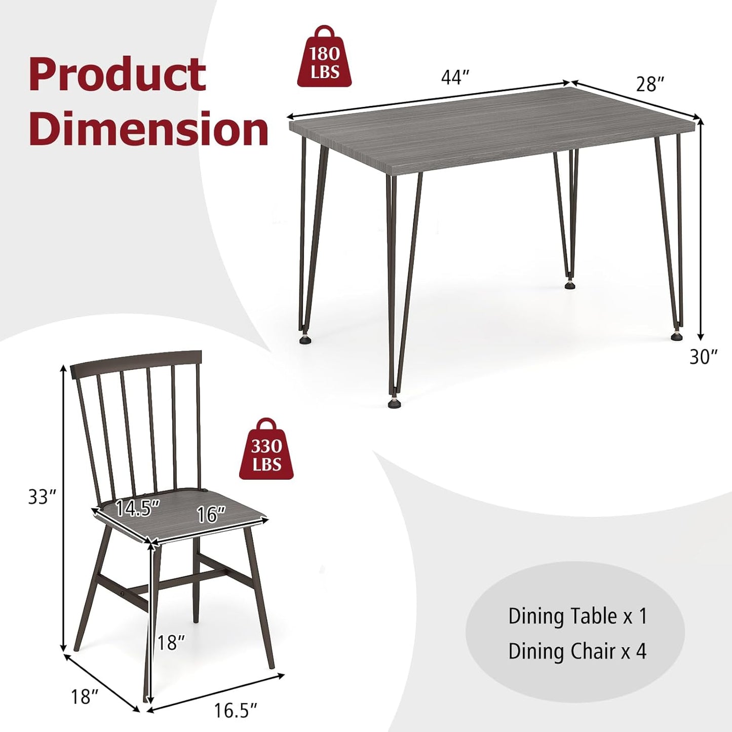 Tangkula Dining Table Set for 4, Kitchen Table and Chairs Set of 4 w/Metal Frame, 360° Swivel Feet, Space-Saving Dinette Table Set for Living Room, Restaurant, Breakfast Nook (Grey Oak)